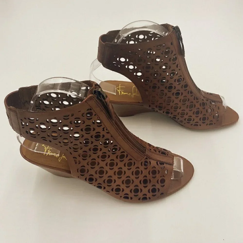 Franco Sarto Brown Laser Cut Leather Open Toe Wedge Booties Womens Size 6.5M